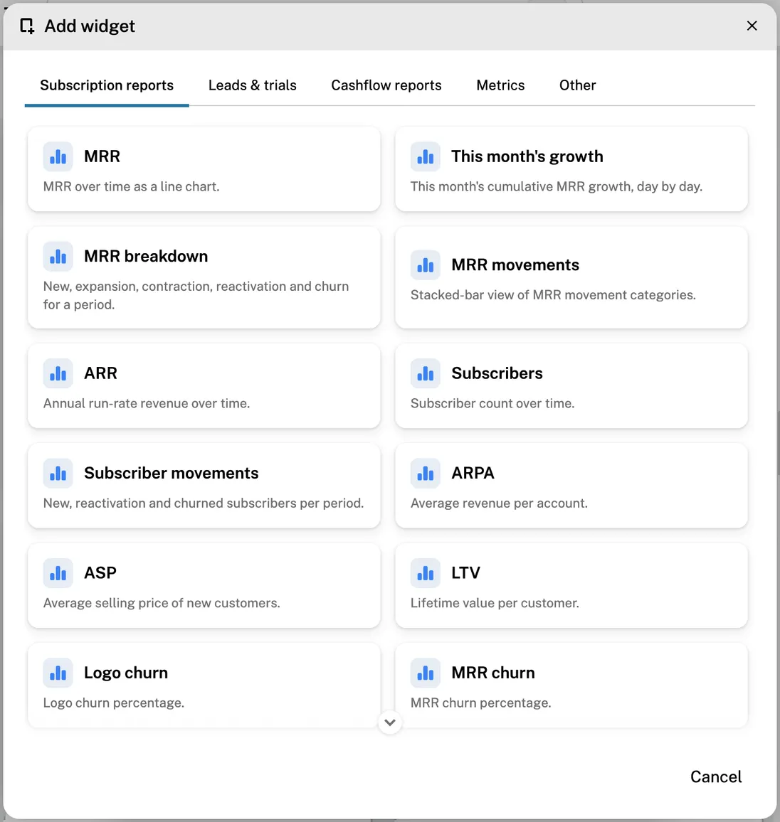 The Add widget catalogue