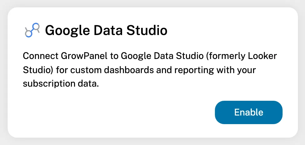 The Google Data Studio card under Settings → Integrations