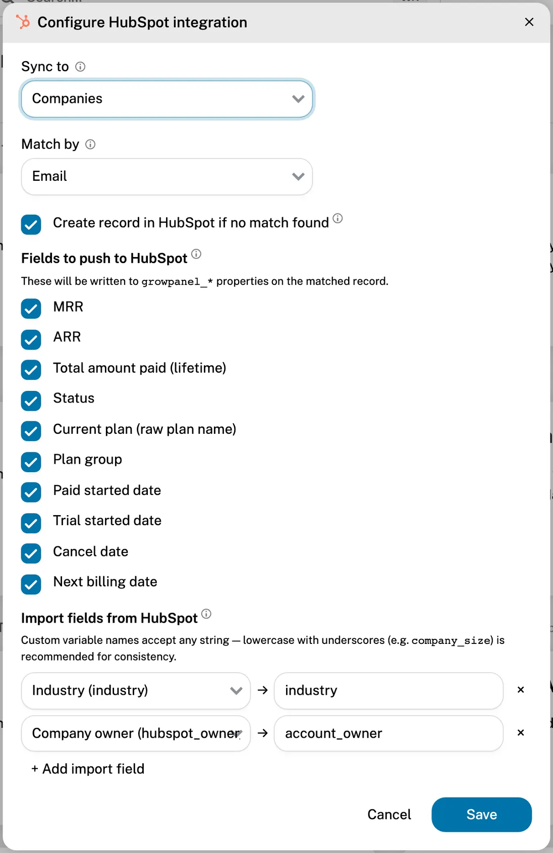 The Configure HubSpot integration dialog