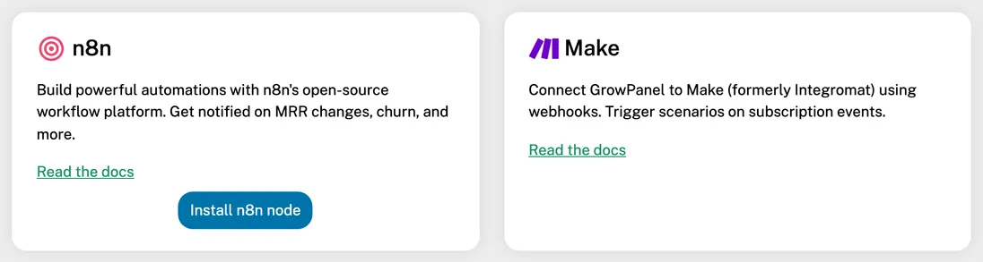 The n8n and Make cards under Settings → Integrations