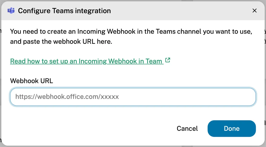 The Configure Teams integration dialog