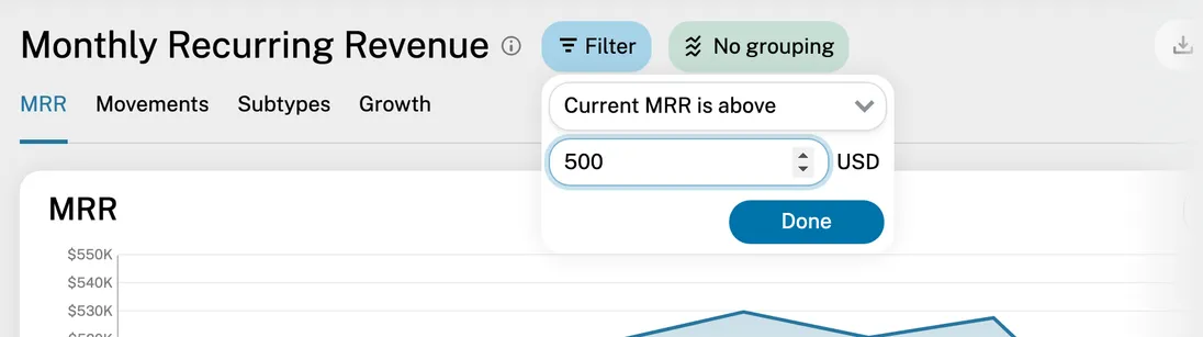 Current MRR filter set to above 500