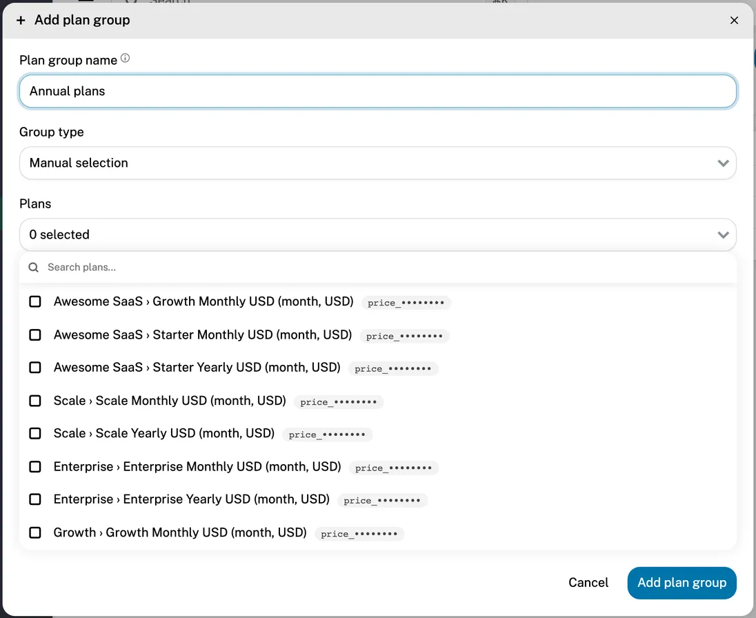 The Add plan group dialog