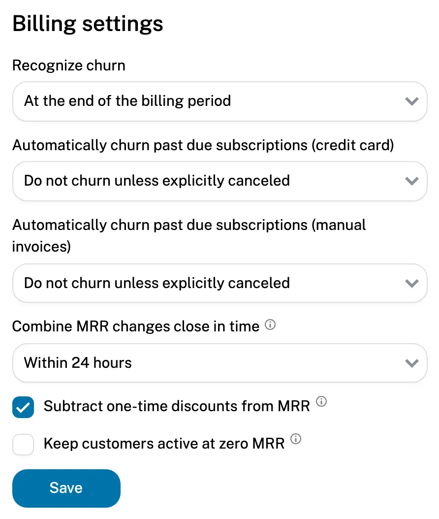 Billing settings: recognize churn, auto-churn past due subscriptions and combine MRR changes