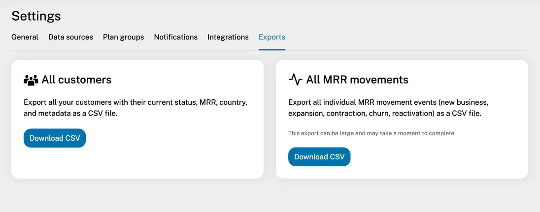 Exports settings page