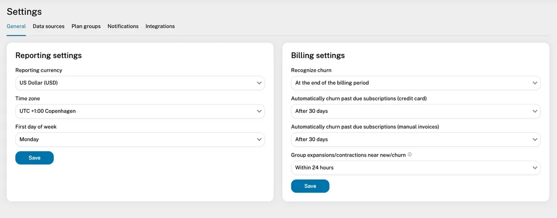 Reporting settings page