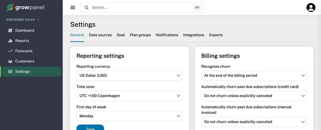 The Settings page with its tabs