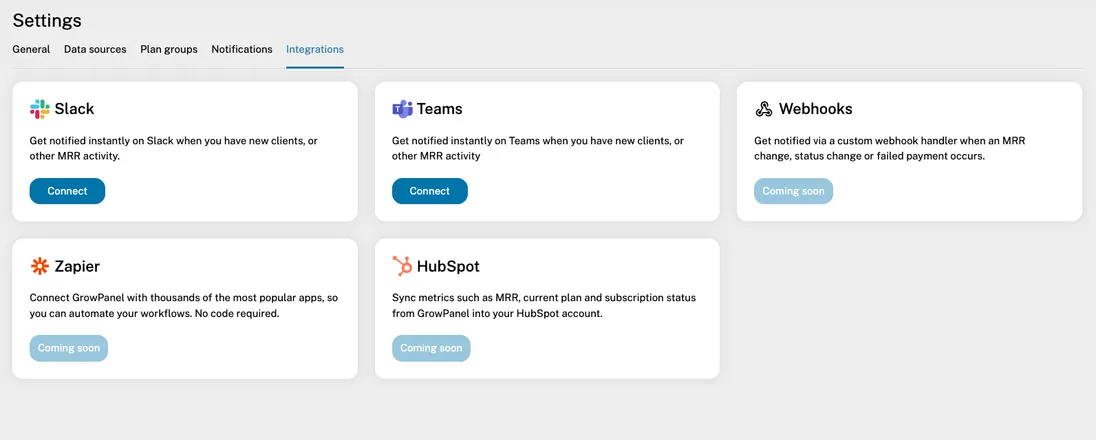 Integrations settings page