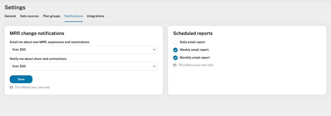 Notifications settings page